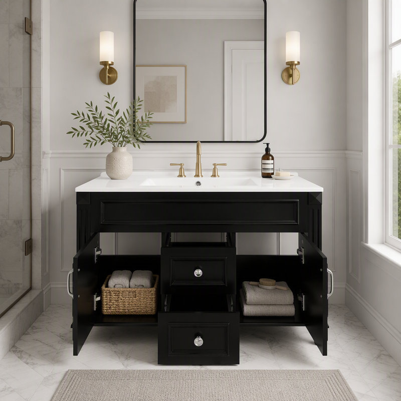 Meuble-lavabo mural 36 po avec lavabo et tiroirs en céramique, meuble-lavabo simple de style français avec charnières à fermeture douce