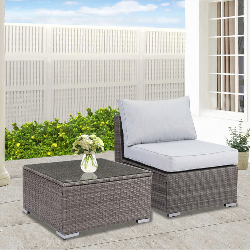 2-Piece All-Weather Outdoor Rattan Patio Furniture Set With  25.2 Inches Width Armless Sofa & Coffee Table,