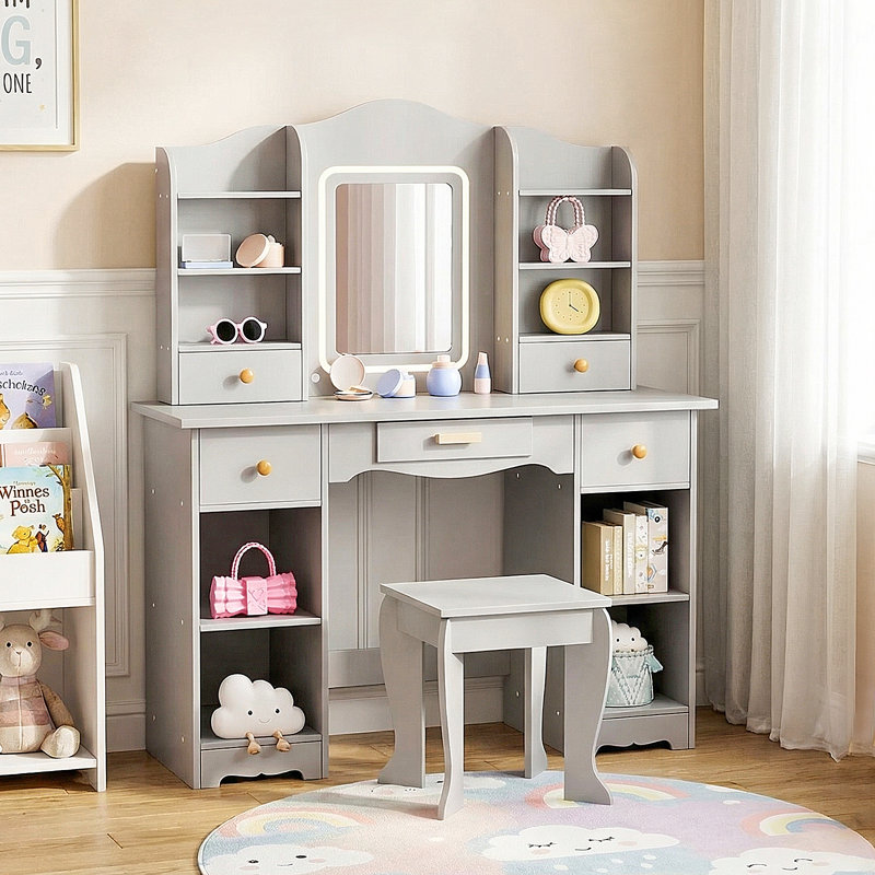Kids Vanity With 3-color Led Lights, Vanity Set With Mirror And Stool, 2 In 1 Princess Pretend Play Makeup Dressing Table With Open Shelves, Storage Cabinet, Drawer (gray)