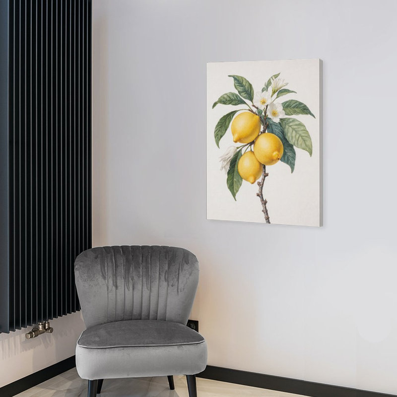 Lemon Branch With Blossoms, Built-In Wooden Frame Wall Art, 20L X 16W