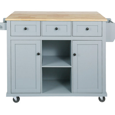 Grey Blue Kitchen Cart With Adjustable Storage & Drop, 5 Rolling Wheels Drop Countertop And Internal , Wheels, 3 Drawers, For Dinning Room