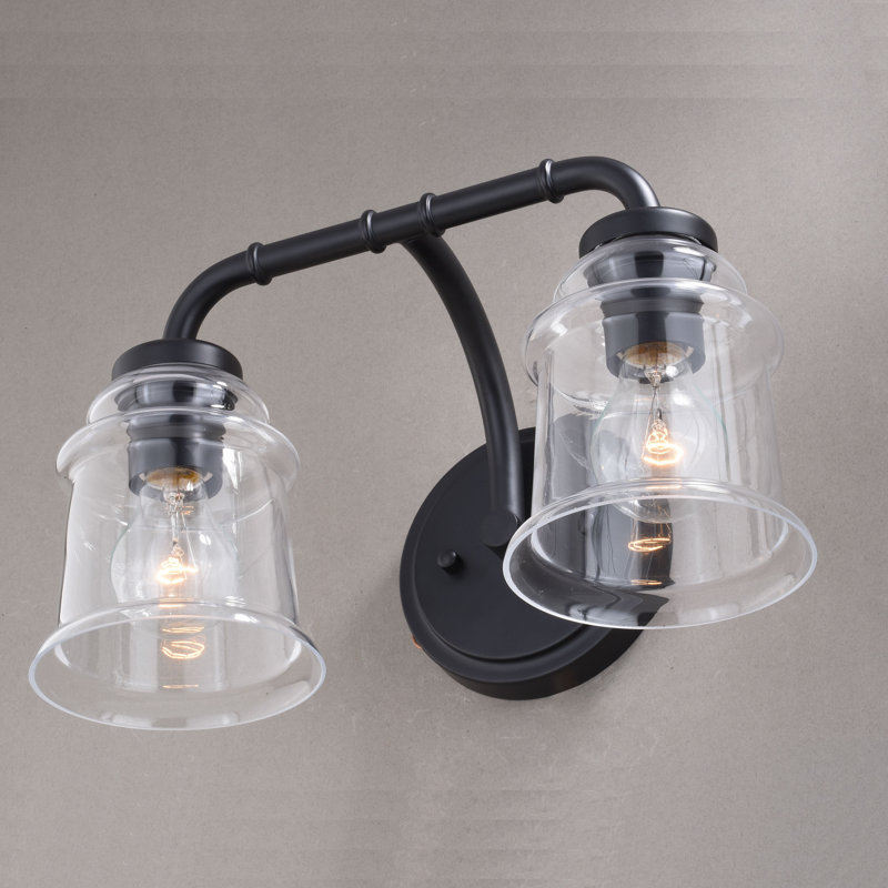 Luminaire de salle de bain industriel noir mat à 2 lumières de 14,75 pouces de large Akini, abat-jour en verre transparent, à intensité variable, compatible avec DEL, applique murale au-dessus du miroir