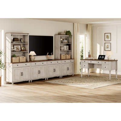 Ensemble de table de salon, bureau de ferme 56 po et meuble télé 75 po avec étagères, bureau personnel avec rangement, bureau d'ordinateur en bois avec tiroirs classeurs pour bureau personnel, blanc rustique