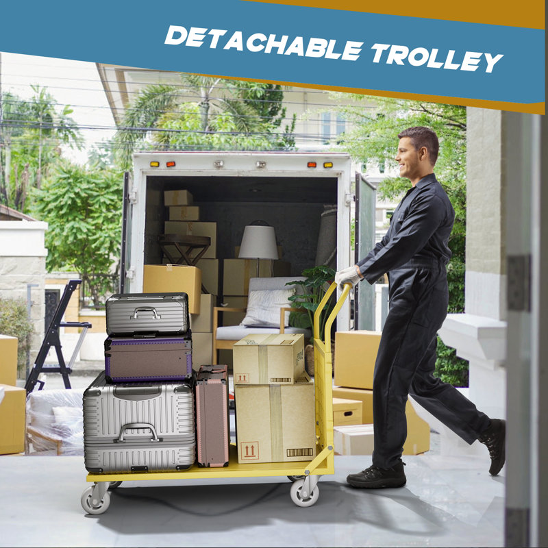 Platform Truck Cart With Cage, 5 In 1 Heavy Duty Platform Cart With Cage 2200 Lbs Capacity Foldable Push Cart., Yellow