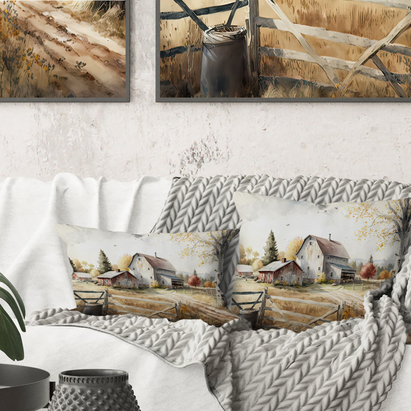 «Beautiful Barn In Spring II» - Coussin décoratif imprimé paysage de grange, H 16 po x l 16 po, Carré
