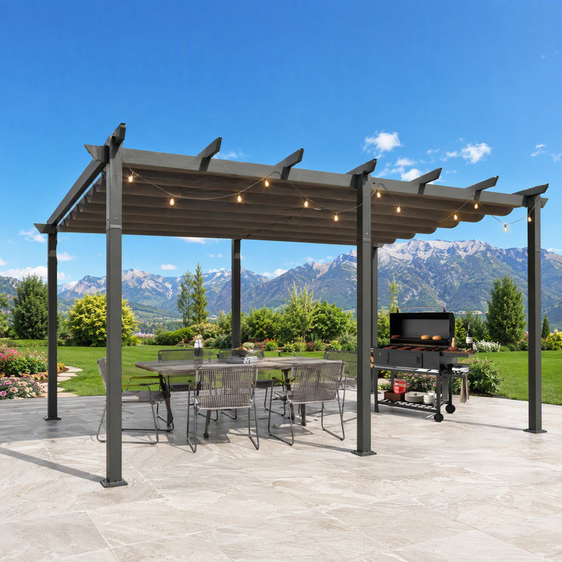Pergola d'extérieur rétractable 20 pi x 11 pi avec auvent gris et base d'ancrage, 20 ft. W x 11 ft. D, Grey