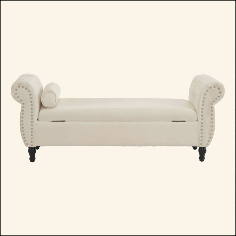 Banc repose-pieds rectangulaire en velours avec rangement et 1 coussin décoratif, Beige