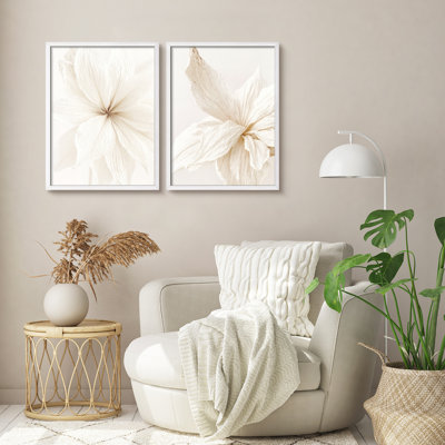 Neutral Floral Petal Close-Up Wall Art Print Set - Soft Beige Botanical Photography Framed 2-Piece Set for Bedroom or Living Room Decor