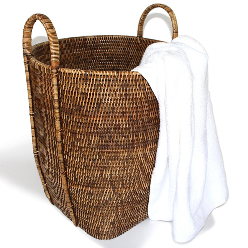 Round Laundry Basket With Loop Handle, Antique Brown