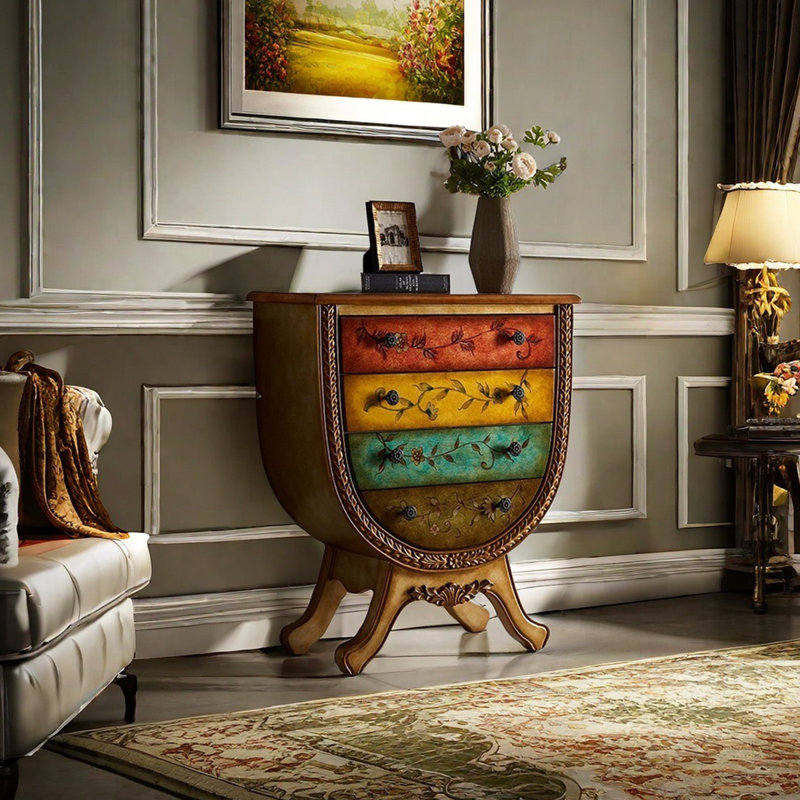 Armoire à 4 tiroirs peinte à la main avec motif sculpté