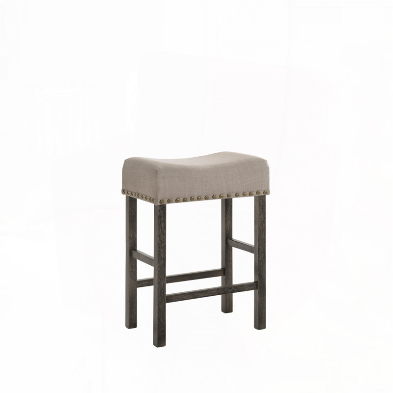 Linen Upholstered Bar Stools Set with No Back and Nailed Head, Gray