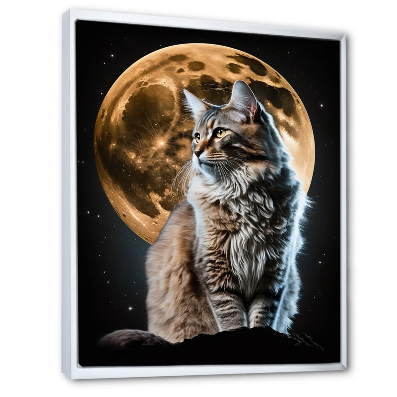 " Majestic Cat Under the Full Moon " Mixed Media and Color Photography Print, 20" H x 12" W x 1" D, White Floater Framed