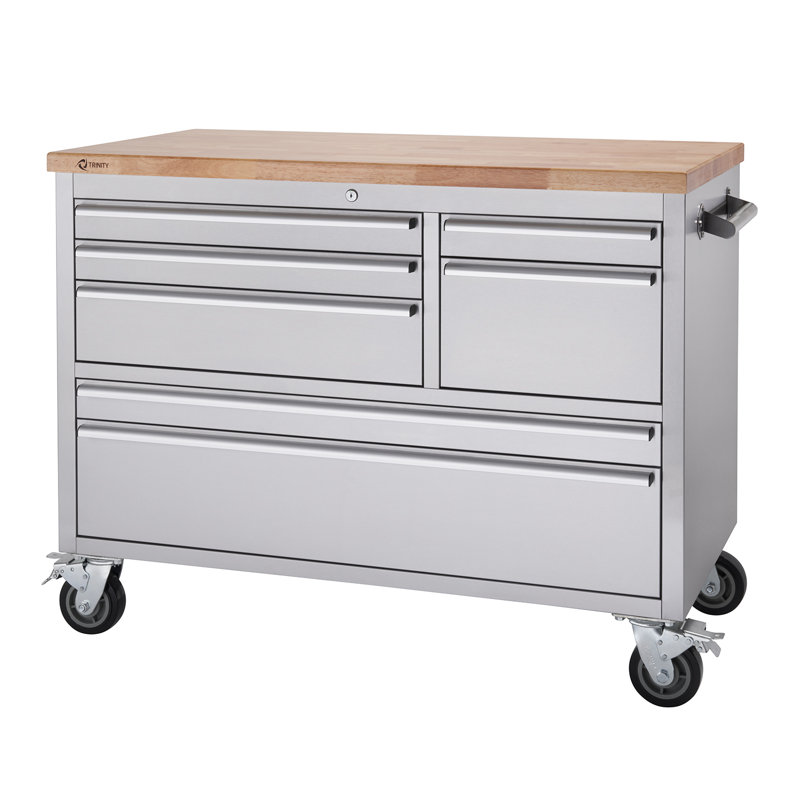 Trinity 48" Stainless Steel 7-Drawer Mobile Workbench with Wood Top