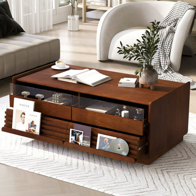 Table basse moderne en bois trempé U-Can avec 4 tiroirs et 2 tablettes, table basse en bois trempé de 47,2 po de style U-Can