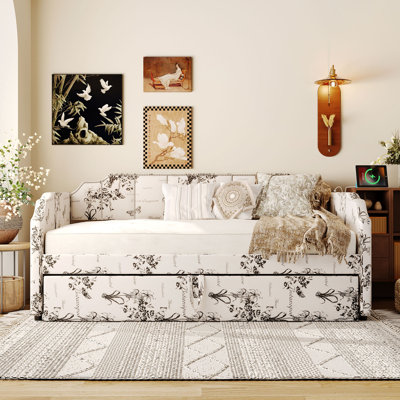 Twin Size Upholstered Daybed with Pop-Up Trundle & USB Charging Ports, Botanical Print