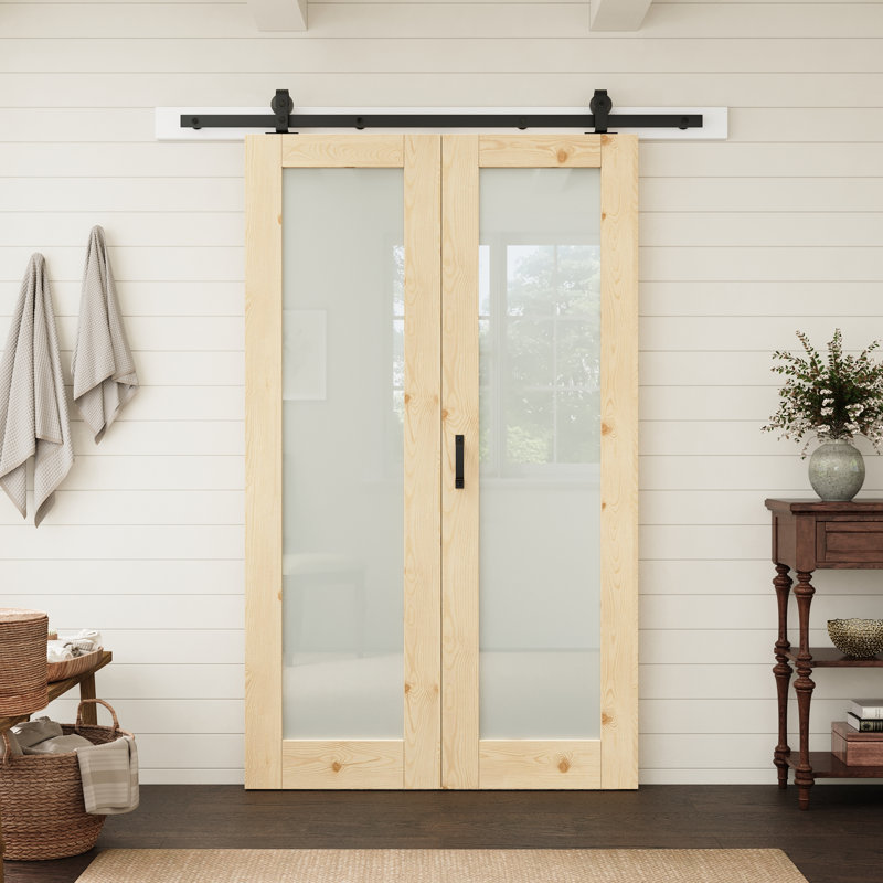 Porte en pin massif vitrée dépolie 48 po x 80 po avec quincaillerie pour portes pliantes de style grange, idéale pour le garde-manger et le placard.