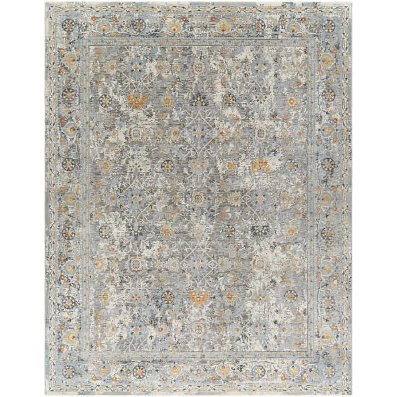 Tapis oriental en polyester / polypropylène tissé à la machine Darshana gris ardoise / bleu / orange, Rond 5 pi 3 po