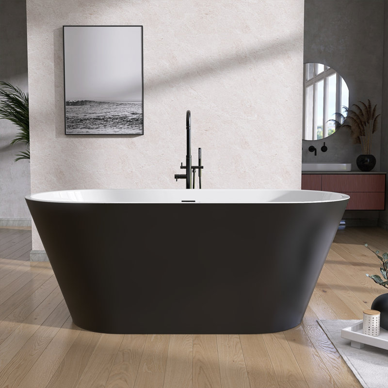 59" x 30" Free Standing Soaking Acrylic Bathtub Modern Stand Alone Tub, Matte Black