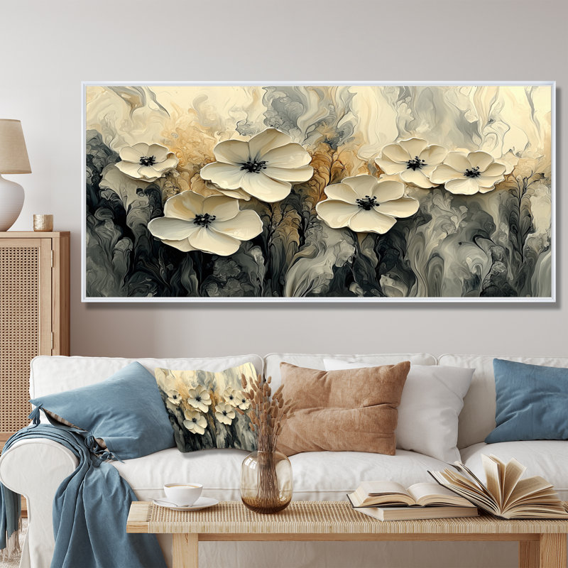 Ilaisaane crème fleurs abstraites dans le vent II - fleurs abstraites, art mural, H 28 po x l 60 po, Blanc