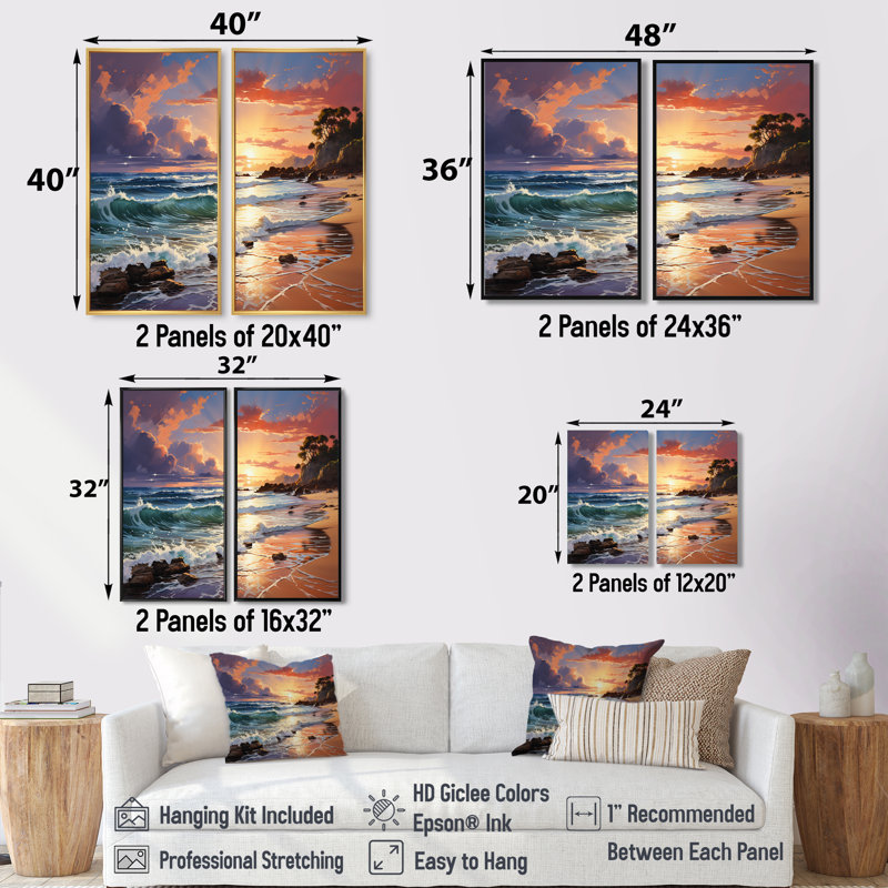 Plage coucher de soleil plage I - plage, plage, sable, art mural, 2 panneaux, 36" H x 48" W, Impression encadrée flottante