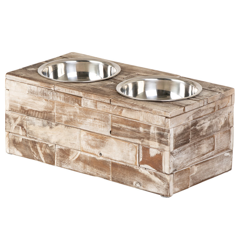 Large Rustic Reclaimed Wood Elevated Pet Feeder with Stainless Steel Bowls