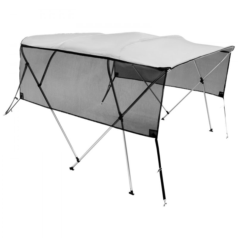 Housse pour bateau à 3 arceaux, parois latérales en filet détachable, auvent en polyester 600D avec structure en alliage d'aluminium de 1 po, comprend un coffre de rangement, 2 poteaux de soutien, 2 sangles, gris clair
