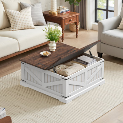 Tishay Farmhouse Coffee Table with Storage, 35.5" Square Center Table with Dual Flip-Top Lids and Hidden Compartment, Rustic Wood Coffee Table for Liv