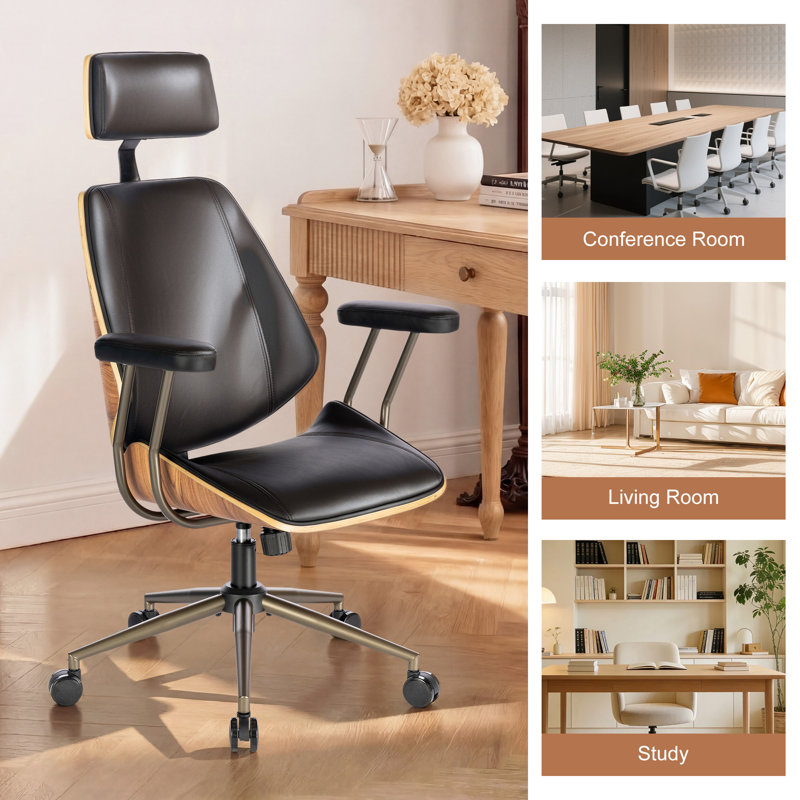 Mid-Century Modern Ergonomic Office Chair with Headrest, Faux Leather & Wood Frame, Black