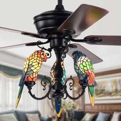 Lighted Ceiling Fan with Tiffany-style Parrot Shades