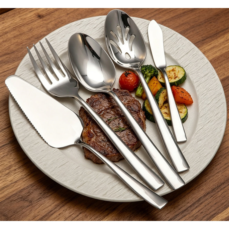 Grand ensemble de service d'hôtesse en acier inoxydable robuste avec cuillères de service, cuillères rainurées, fourchette, gâteau, argent