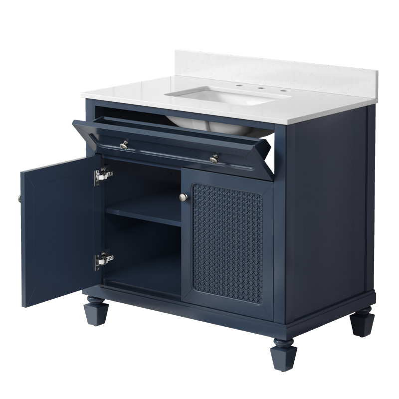 36" Free Standing Single Bathroom Vanity with Engineered Marble Top, Ceramic Sink, Backsplash, Navy Blue