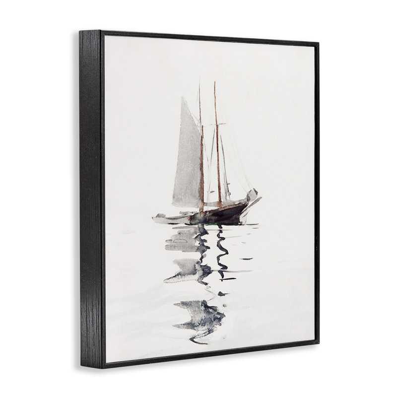 Tracile voilier flottant flottant seul, reflet de la giclée, art texturé par lettres et lignes, Giclée encadrée noir minuit