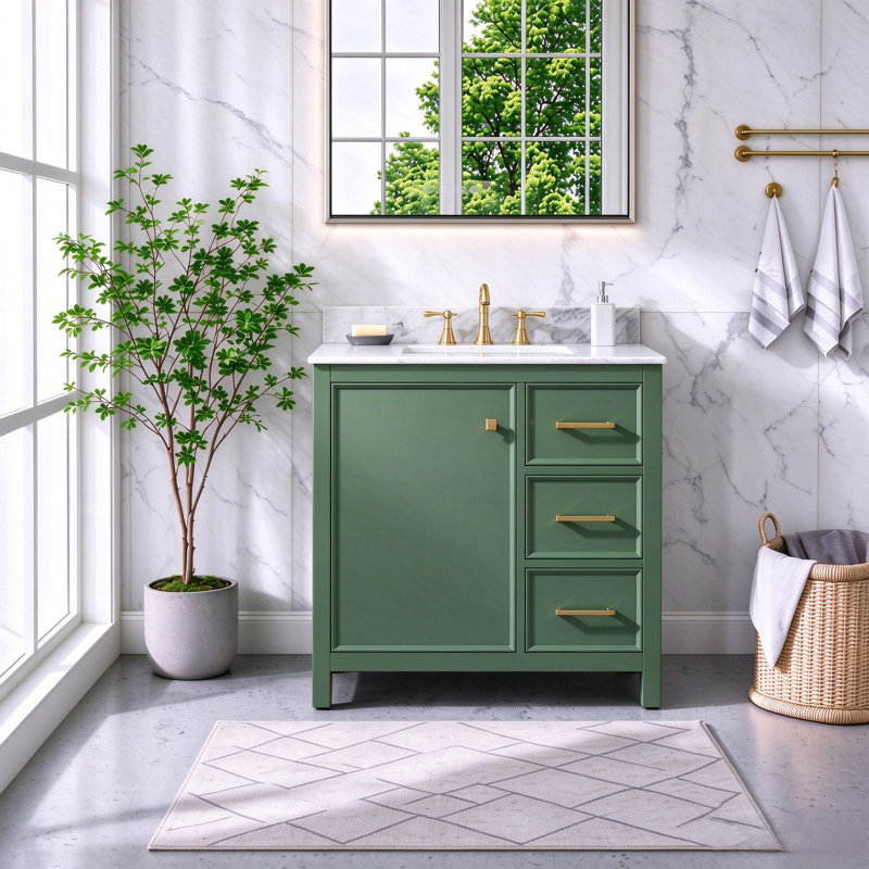 36 " W Freestanding Standard 1 Single Vanity Bathroom Vanity With Marble Top, Vogue Green