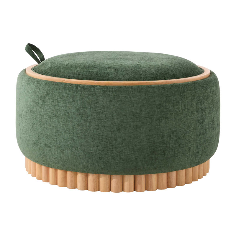 Repose-pieds de rangement rond de 29 pouces avec pieds en bois massif, couvercle réversible et compartiment caché pour les salons modernes