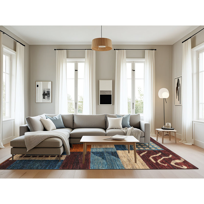 Tapis abstrait crème / brun / bleu, Rectangle 8 pi x 10 pi