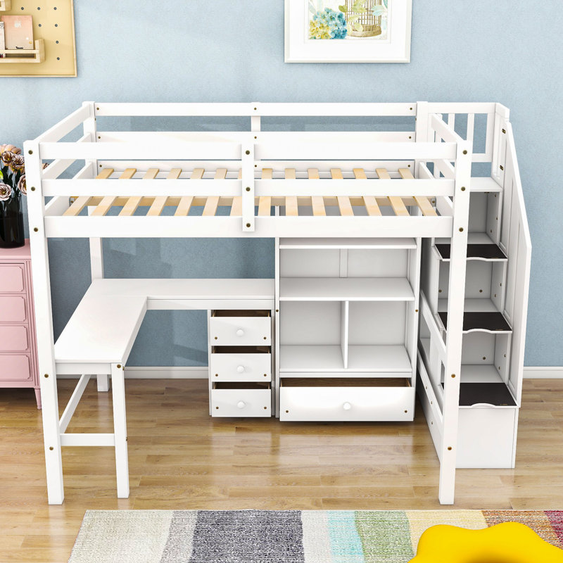 Lit mezzanine double en bois avec bureau en L, 4 tiroirs et rangement, Blanc