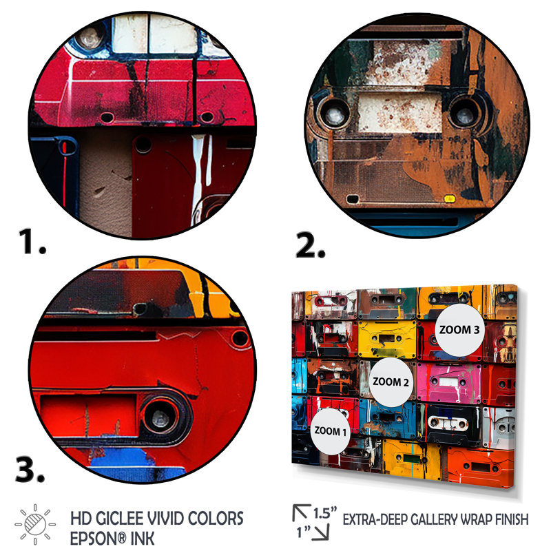 Art pop coloré avec bandes mélodiques IV - cassettes sur toile, Cadre d'angle fermé noir, H 30 po x l 40 po x P 1,5 po
