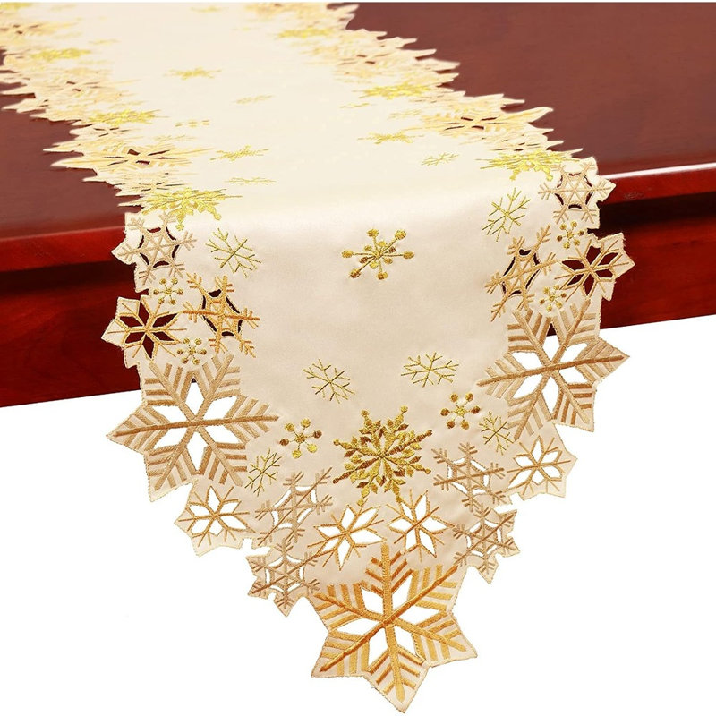 Embroidered Gold Snowflakes Table Runners For Christmas Holiday And Winter (Gold, 14×69 Inches)