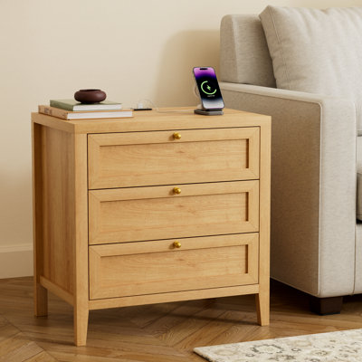Farmhouse Nightstand With Build-In Power Strip For Bedroom, Living Room
