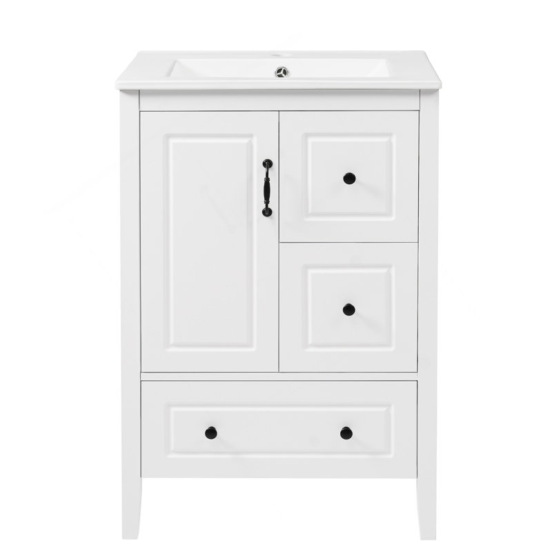 Meuble-lavabo de salle de bain avec lavabo, une armoire avec porte à fermeture douce, 3 tiroirs à fermeture douce, poignées en métal rétro, blanc