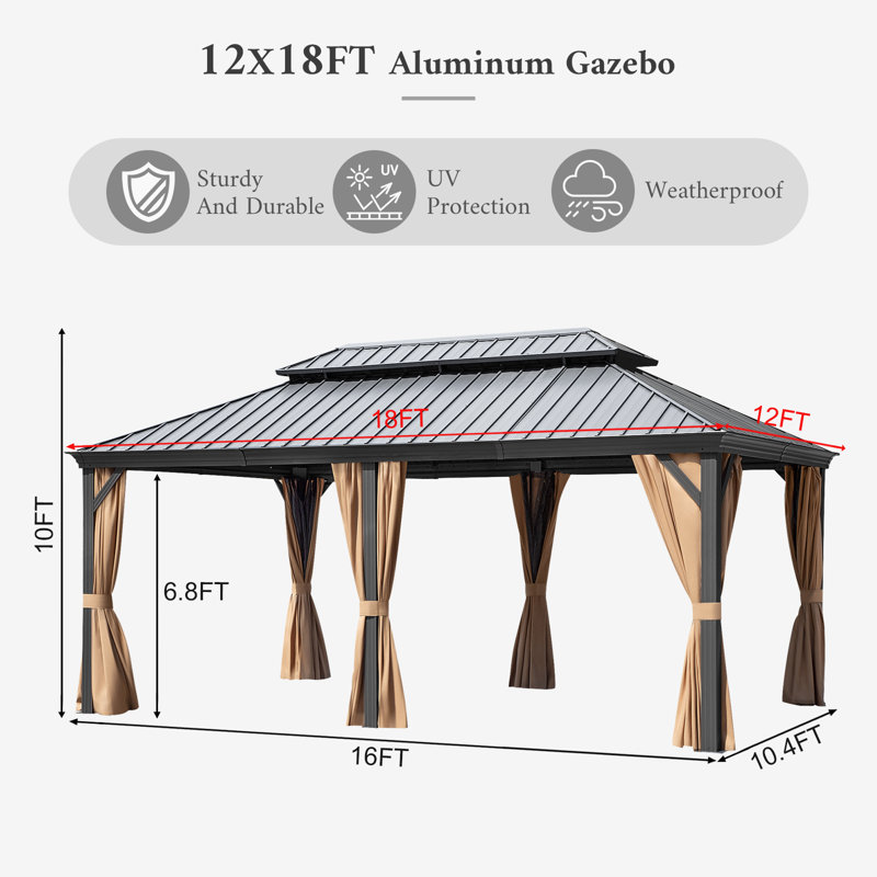 12 x 18ft Hardtop Patio Gazebo with Aluminum Frame and Galvanized Steel Double Roof, Mosquito Netting and Privacy Curtains