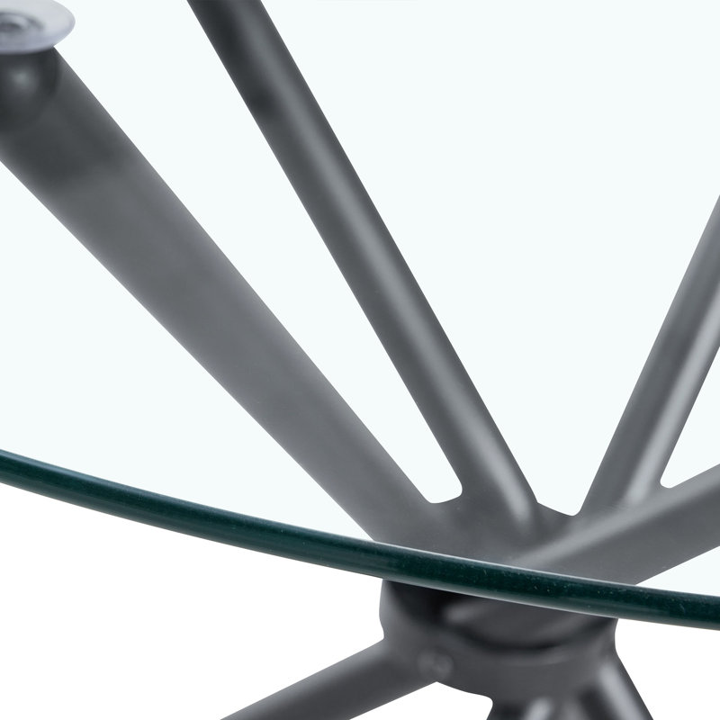 A Circular Transparent Tempered Glass Round Table With A Diameter Of 36.6 Inches,With Ring-Shaped Gathered Black Metal Legs.The Desktop Glass Is 0.3 Inches Thick.W1151P294396