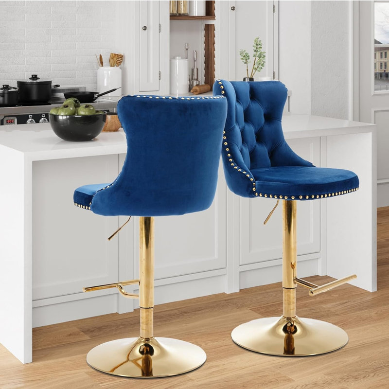 Tabouret de bar pivotant à hauteur réglable Zager, Or, Marine, 2