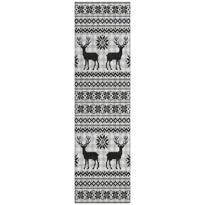 Machine Washable Indoor/Outdoor Christmas Reindeers Xhevrie Silver Rug