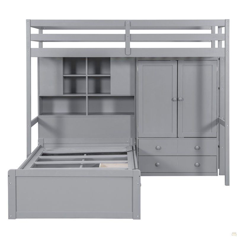 Lit superposé simple avec tiroirs, garde-robe, tablettes de rangement et lit hydraulique, Gris