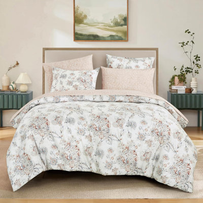 5-Piece Floral Comforter Set, Soft Elegant Bed in a Bag with Comforter, Pink Gray White Botanical Print, Lightweight All-Season Bedding Twin Size