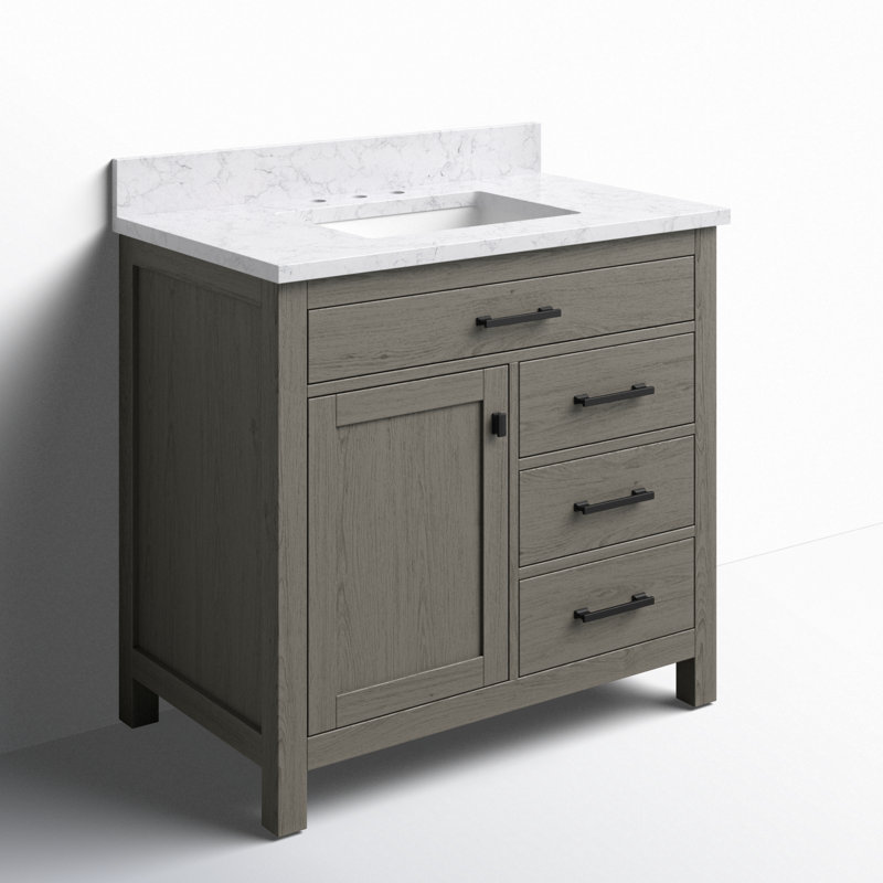 Ensemble de meuble-lavabo simple 36 po Ajiya, Gris texturé / noir mat, Blanc de Carrare