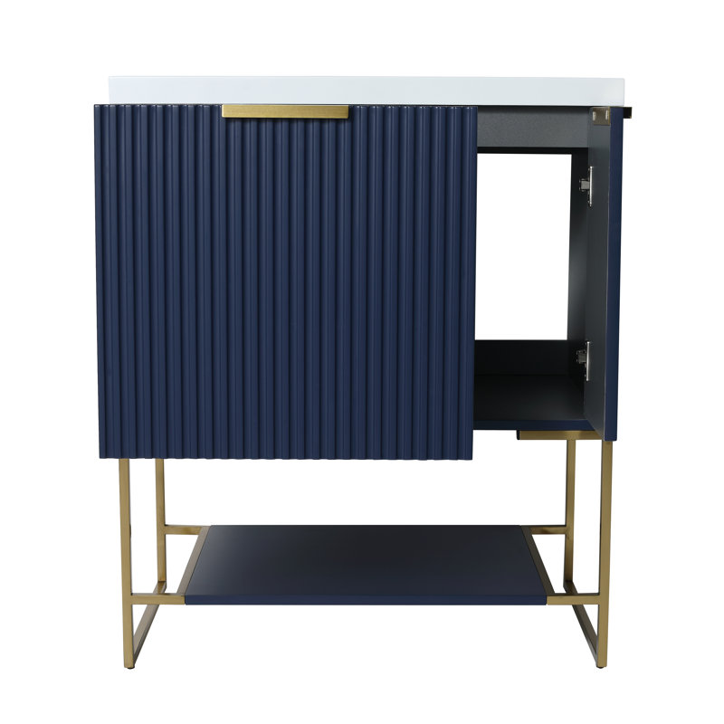 Millur 30'' Single Bathroom Vanity with Resin  Basin Top,2 Soft Close Doors and Open Shelf, Blue, Gold