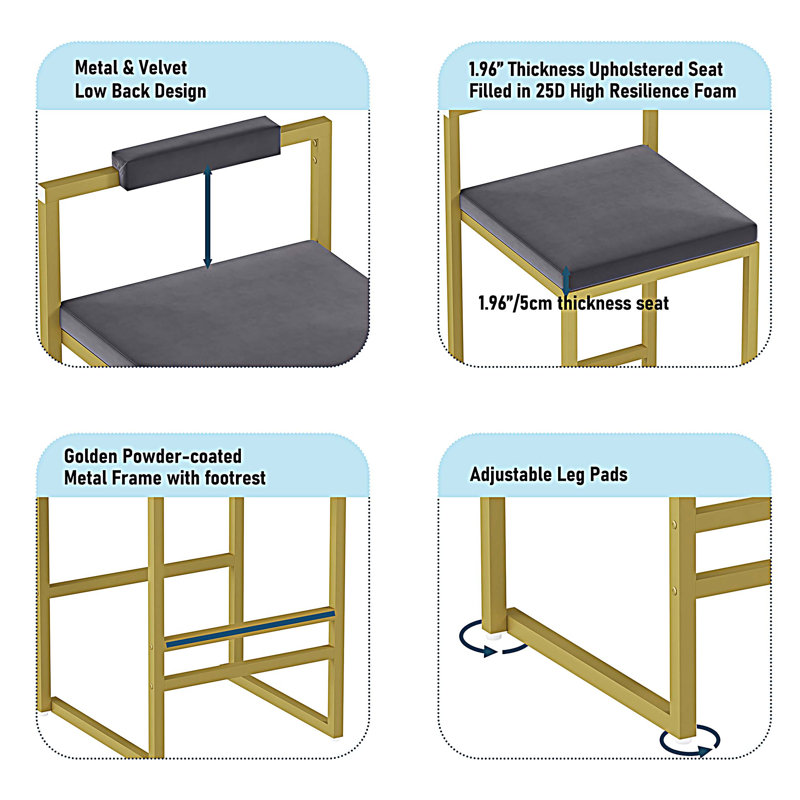 Velvet Counter Height Bar Stools with Low Backrest, Gold, Gray