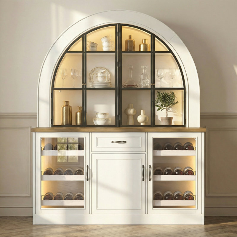 63" Wide Arched Buffet & Hutch with LED Lighting, Wine Storage and Display Cabinets